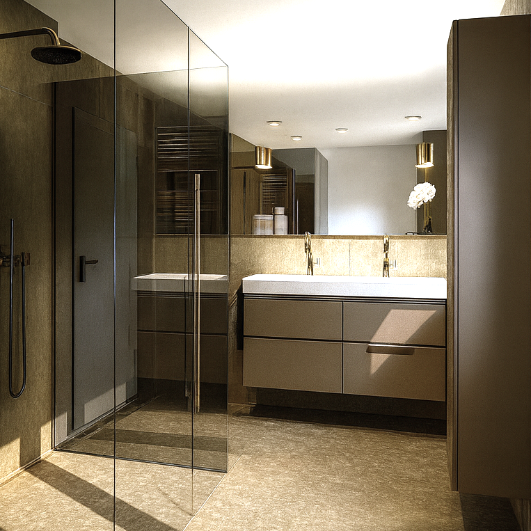 Bad Modernes Bad mit begehbarer Dusche, Doppelwaschtisch und stilvollen Lichtakzenten.