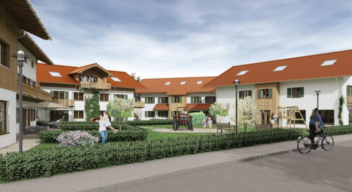 Moderne Wohnanlage mit Garten, Spaziergängern und Radfahrern, umgeben von Grünflächen.