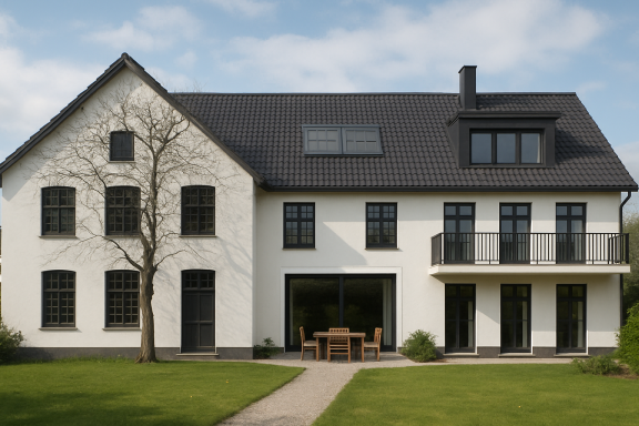 Modernes, zweigeschossiges Haus mit weißen Wänden und großen Fenstern, umgeben von Rasen.