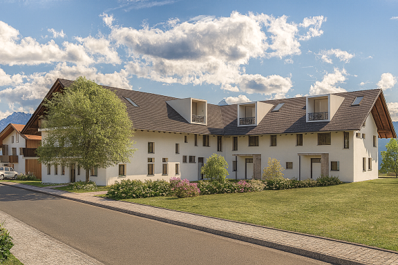 Helles Wohngebäude mit Garten und blühenden Pflanzen, umgeben von Bäumen und Wolken.