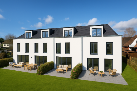 Moderne, weiße Wohnhäuser mit Terrassen und grünem Garten unter blauem Himmel.