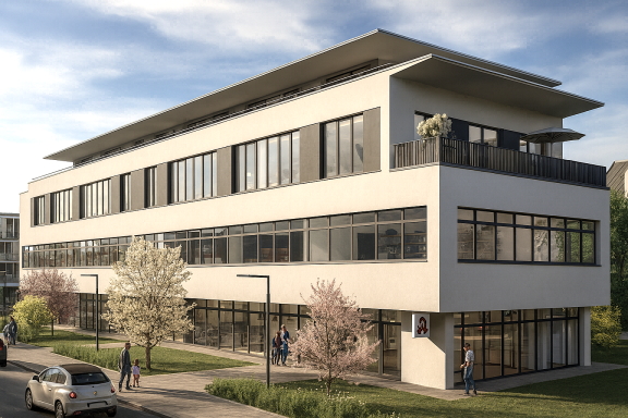 Modernes Bürogebäude mit Glasfront und blühenden Bäumen im Umfeld.