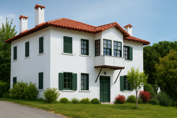 Weißes Haus mit rotem Ziegeldach, grünen Fensterläden und umgeben von Bäumen und Sträuchern.
