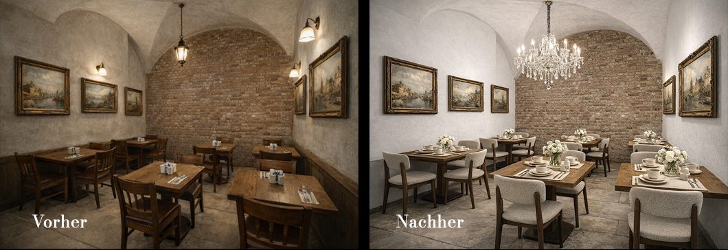 Gemütliches Restaurant mit Holztischen, eleganten Stühlen und dekorativen Gemälden.