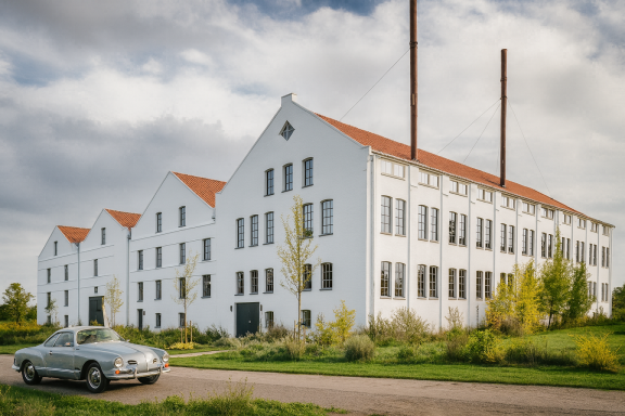 Weißes Industriedesign-Gebäude mit grüner Landschaft und einem Auto im Vordergrund.