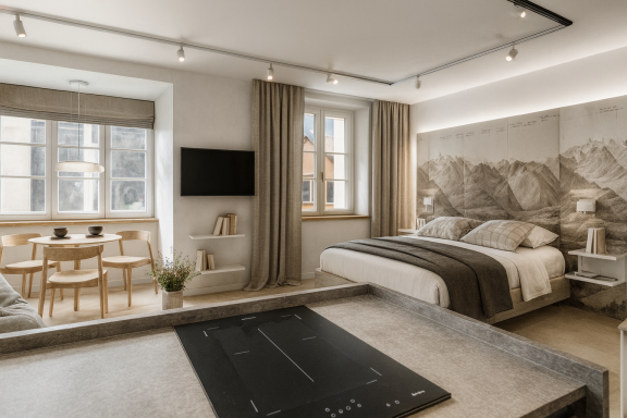 Helles Schlafzimmer mit Doppelbett, Tisch, Stühlen und modernem Dekor.