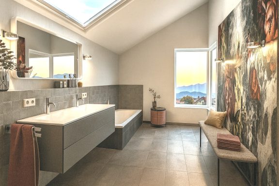 Heller modernes Badezimmer mit Fenstern, Dusche und kreativer Wandgestaltung.