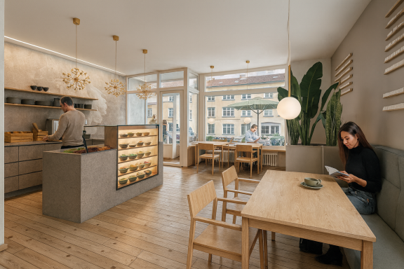 Innenansicht eines modernen Cafés mit Tischen, Stühlen und einer Frau, die liest.