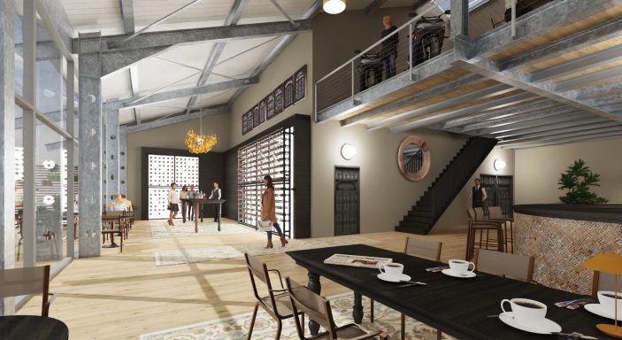 Moderne, helle Innenansicht eines Raums mit Holz- und Metallstrukturen, Tischen und Stühlen.