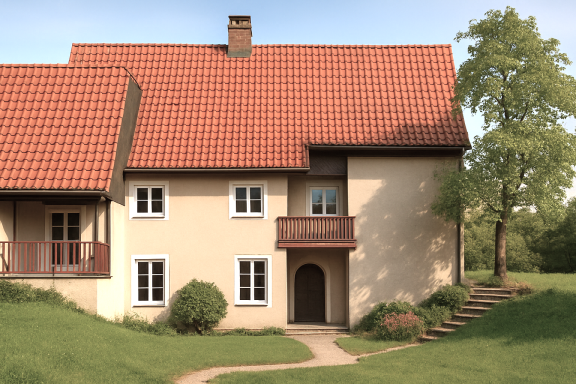 Helles Haus mit rotem Dach, Balkon und Garten, umgeben von grünen Wiesen.