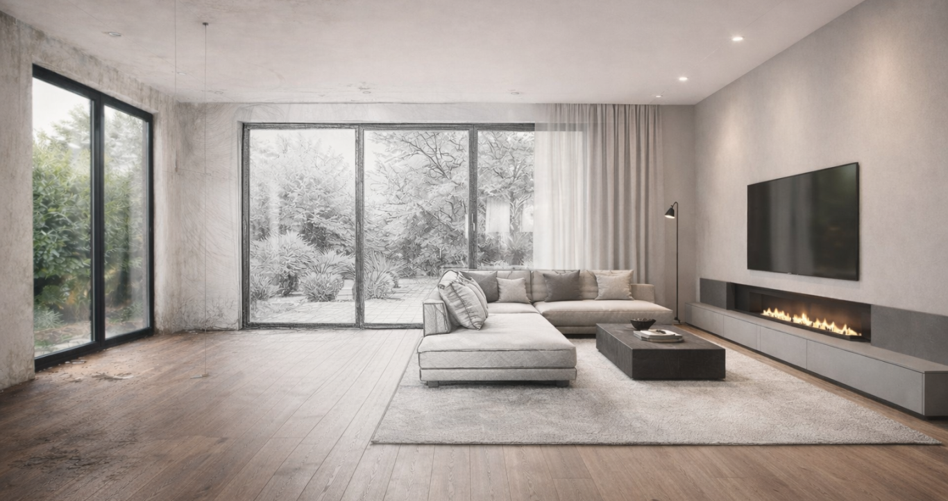 Moderne Möbelanordnung mit Stühlen, Tischen, Beleuchtung und Teppich in neutralen Farben.