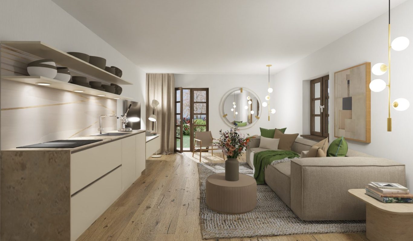 Heller Wohnbereich mit großen Fenstern, moderner Möbelgestaltung und Blick auf den Garten.