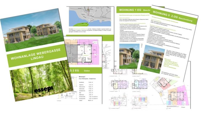 Exposé Broschüre mit Plänen, Karten und Informationen zu einem Bauprojekt in einer grünen Umgebung.