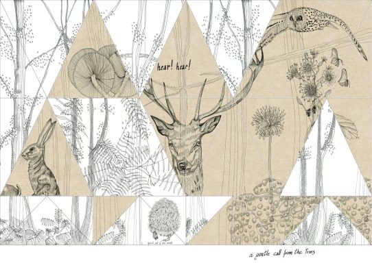 Collage aus geometrischen Formen mit Wildtieren und botanischen Elementen in neutralen Farben.