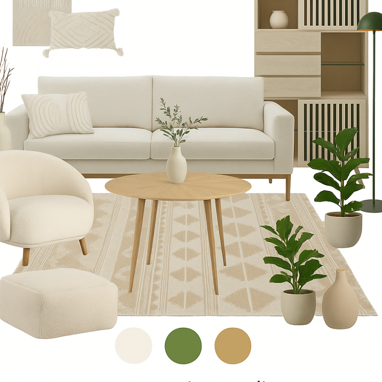 Wohncoach Wohnzimmer mit beigem Sofa, Tisch, Pflanzen und runder Teppichgestaltung.