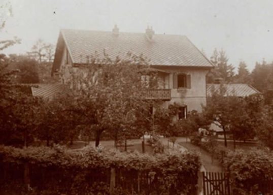 Zweistöckiges Haus umgeben von Bäumen und einem Garten mit Zaun.