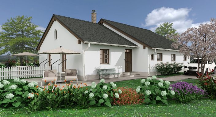 Einfamilienhaus mit Garten, Blumenbeeten und Terrasse unter blauem Himmel.
