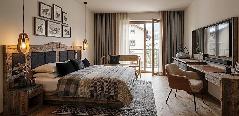 Modernes Hotelzimmer mit Doppelbett, Schreibtisch und Balkon. Warme Farben, stilvolle Dekoration.