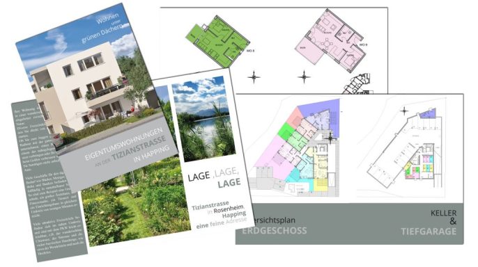 Exposé Eine Ansicht von Architekturplänen und Broschüren für ein Bauprojekt.