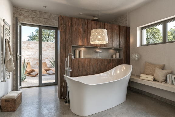 Modern Badezimmer mit freistehender Badewanne und Holzakzenten, viel natürlichem Licht.
