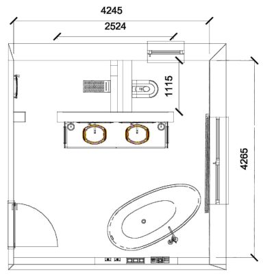 Grundriss eines Badezimmers mit Dusche, Badewanne, zwei Waschbecken und WC.