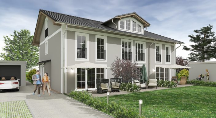 Moderne zweigeschossige Hausfront mit Garten und zwei Personen vor dem Eingang.