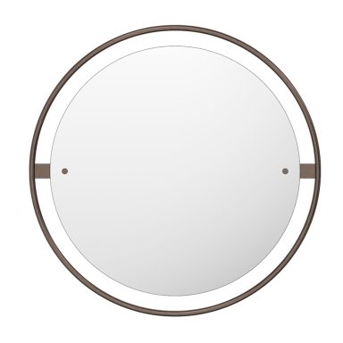 Runder Spiegel mit schmalem, braunem Rahmen und zwei Befestigungslöchern.