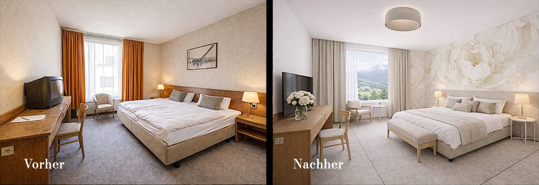 Zwei Schlafzimmer:Vorher schlicht mit Holzdetails, Nachher modern mit hellem Dekor.