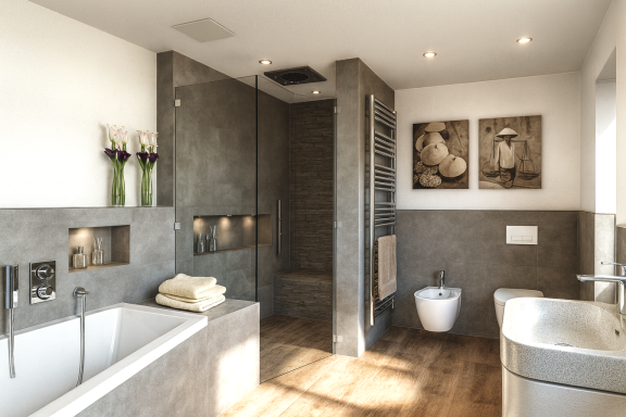 modernes Badezimmer mit Dusche, Badewanne, Holzboden und eleganten Wandbildern