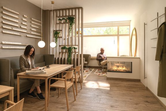 Moderne, helle Innenräume mit Sitzecken, Pflanzen und einem Kamin.