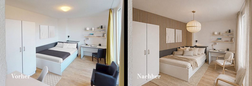 Modernes Appartment mit hellen Wänden, neutraler Einrichtung und Holzfußboden. Vorher-Nachher