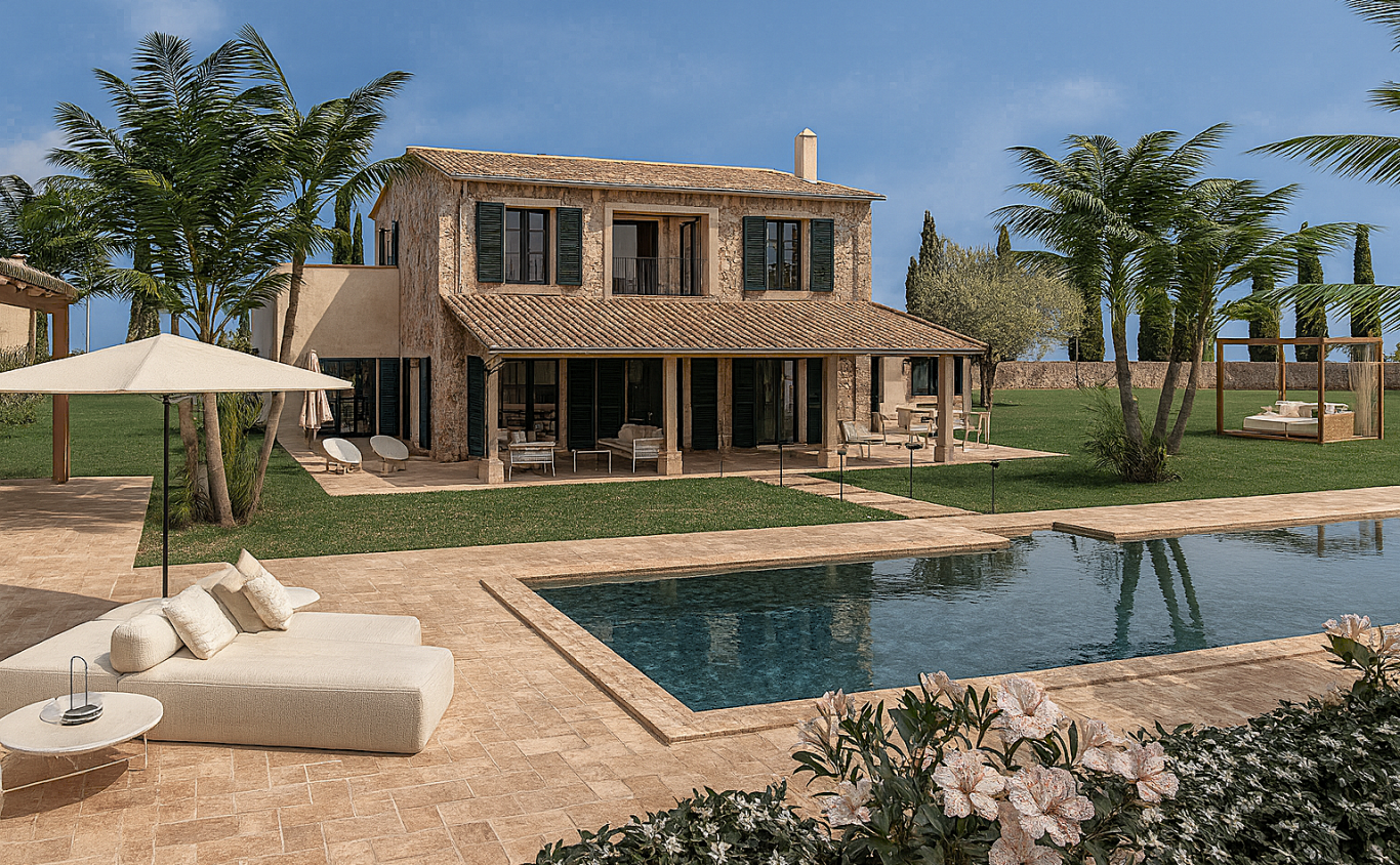 Luxuriöse Villa mit Pool, Sonnenliegen und gepflegtem Garten in mediterraner Umgebung.
