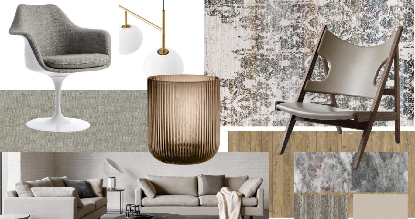 Innenarchitektur Moderne Möbelanordnung mit Stühlen, Tischen, Beleuchtung und Teppich in neutralen Farben.