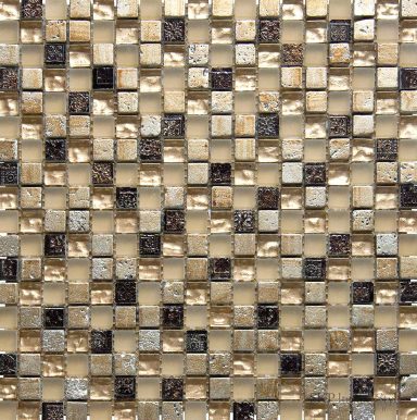 Mosaik aus quadratischen Fliesen in Beige- und Brauntönen.