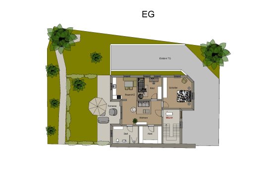 Grundriss des Erdgeschosses mit Identifikation von Räumen und Gartenelementen.