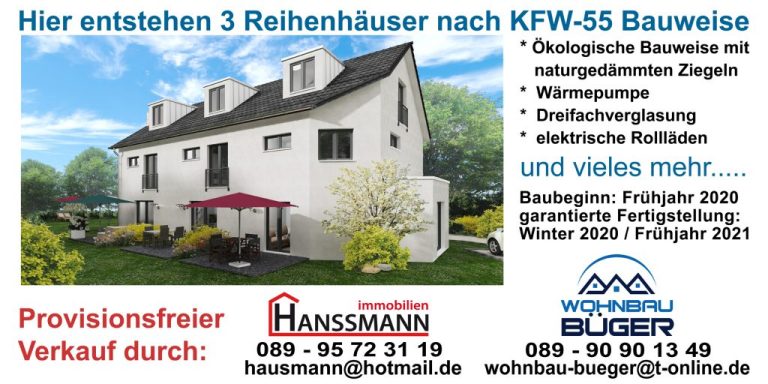 Bautafel Drei moderne Reihenhäuser im KFW-55 Standard mit Garten und Einfahrt.