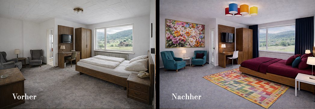 Vergleich von zwei Schlafzimmern: modern und minimalistisch links, farbenfroh und gemütlich rechts.