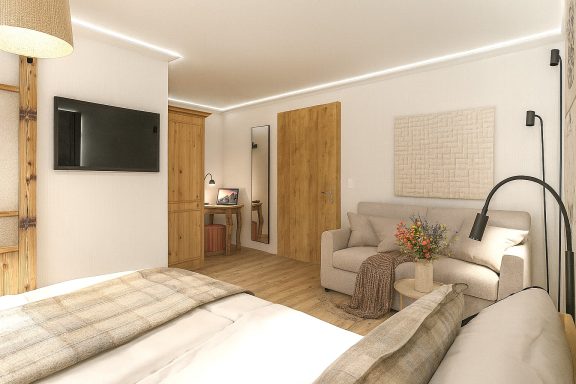 Helles, modernes Schlafzimmer mit einem bequemen Sofa, TV und Holzmöbeln.