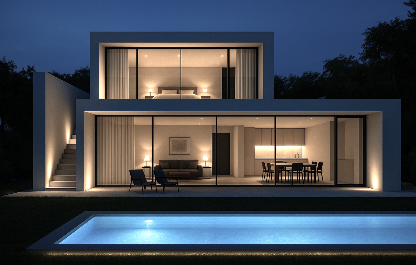 Modernes Haus mit beleuchtetem Innenraum und Pool bei Nacht.