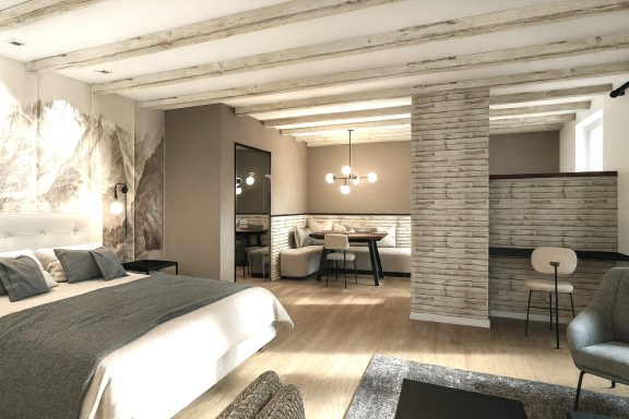 Modernes Schlafzimmer mit Holzbalkendecke, gemütlichem Bett und einem Essbereich.