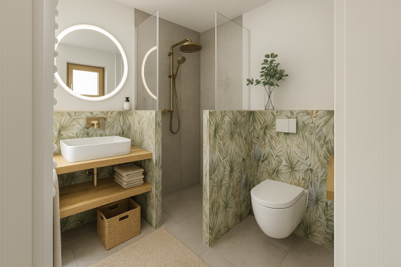 Modernes Bad mit Dusche, Waschbecken und Holzregal, überwiegend in hellen Farben.