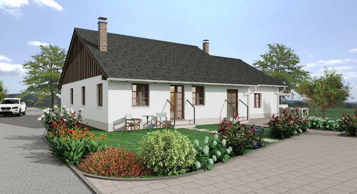 Ein einstöckiges Haus mit Garten, blühenden Pflanzen und einem gepflasterten Parkplatz.