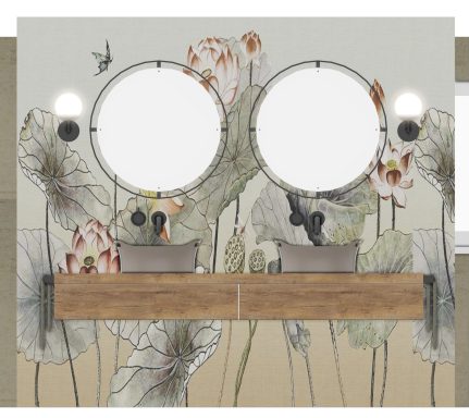 Zwei runde Spiegel über zwei Waschbecken vor einer blumigen Wandgestaltung.
