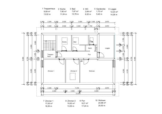 Grundriss eines Wohnraums mit Räumen für Küche, Wohnzimmer und Badezimmer.