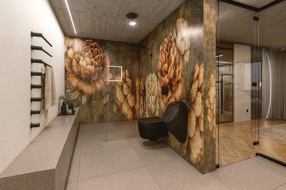 Modernes Interieur mit blumigem Wanddesign und einem schwarzen Sessel.