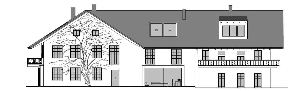 Zeichnung eines zweigeschossigen Hauses mit Balkon und Feldern.