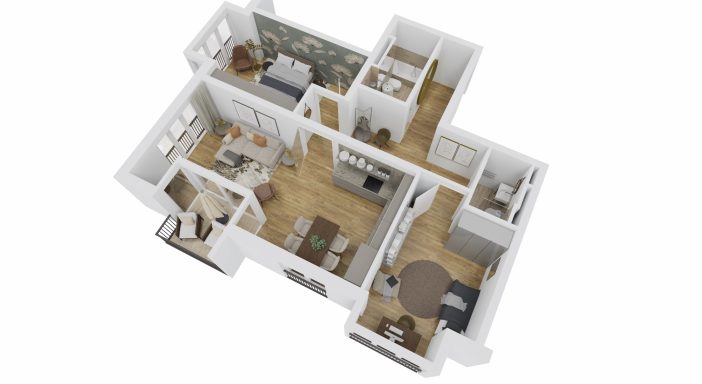 Dreizimmerwohnung mit offener Wohnküche und modernem Schnitt.