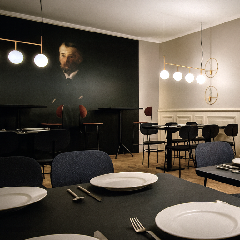 Restaurants Modern Restaurant mit minimalistischer Einrichtung und einem großen Wandgemälde.