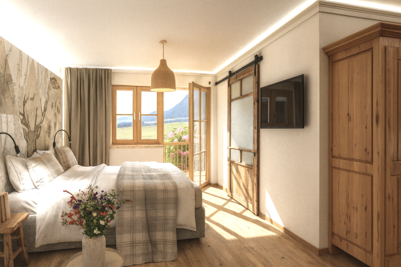 Helles Schlafzimmer mit zwei Betten, Holzschrank und Blick auf die Berge.