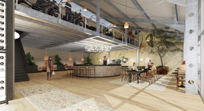 Moderne Innenarchitektur eines einladenden Gastronomiebereichs mit Holzdekor und Pflanzen.